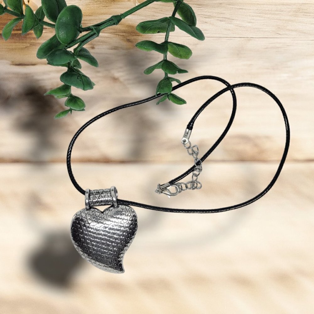 Silver Heart Pendant Necklace with a Black‎ Satin Finish Cord  -NWOT